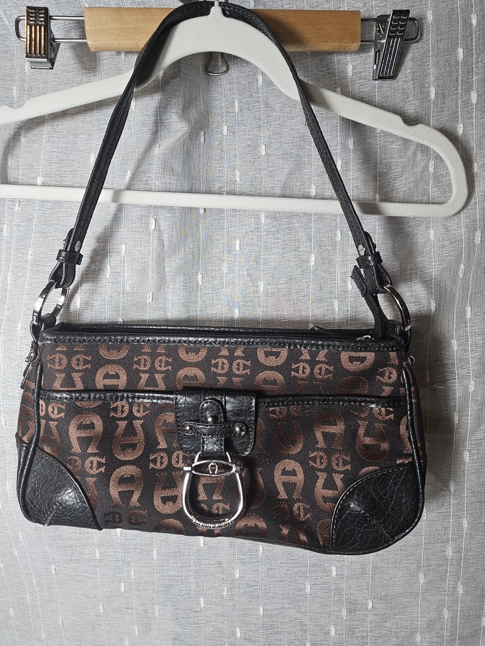 Etienne Aigner Brown Monogram Nylon & Brown Leather Trim Shoulder Bag